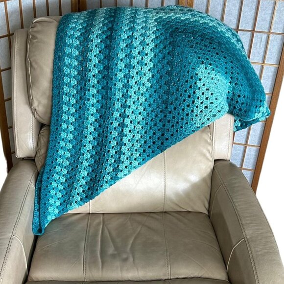Handmade Crochet Teal Blue Green Throw Blanket - Picture 4 of 12